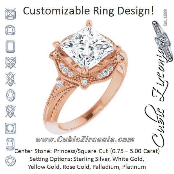 Cubic Zirconia Engagement Ring- The Ashton (Customizable Vintage Princess/Square Cut Design with Beaded Milgrain and Starburst Semi-Halo)