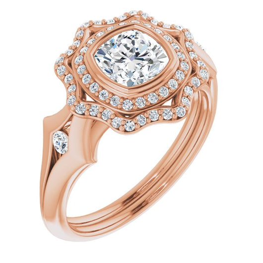 10K Rose Gold Customizable Cathedral-bezel Cushion Cut Design with Floral Double Halo and Channel-Accented Split Band