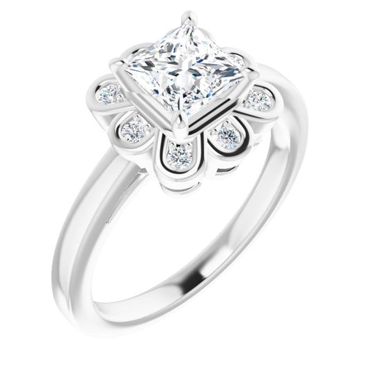 10K White Gold Customizable 9-stone Princess/Square Cut Design with Round Bezel Side Stones