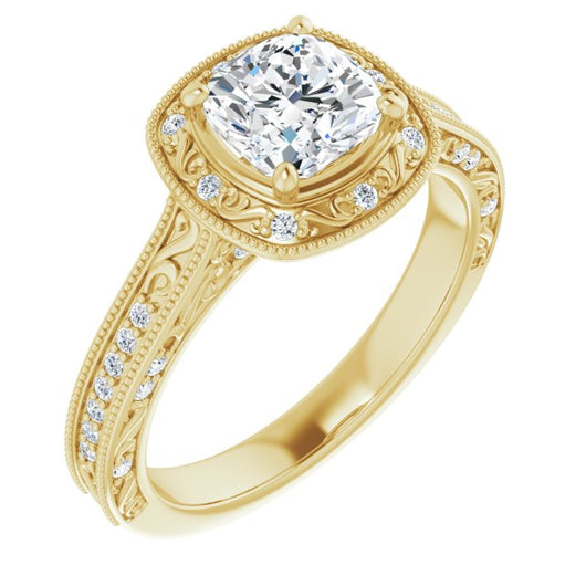 10K Yellow Gold Customizable Vintage Artisan Cushion Cut Design with 3-Sided Filigree and Side Inlay Accent Enhancements