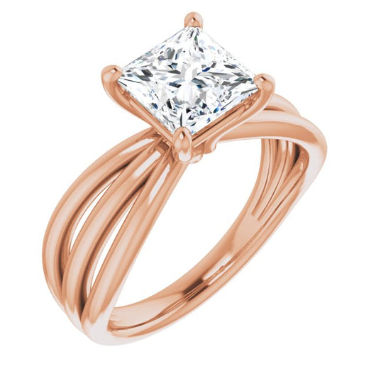 10K Rose Gold Customizable Princess/Square Cut Solitaire Design with Wide, Ribboned Split-band