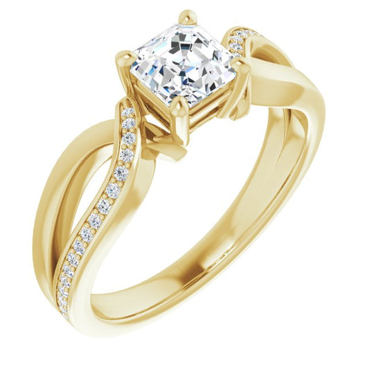 10K Yellow Gold Customizable Asscher Cut Center with Curving Split-Band featuring One Shared Prong Leg