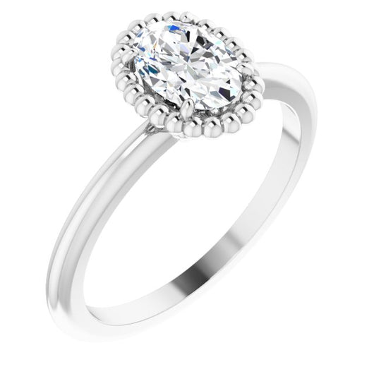 10K White Gold Customizable Oval Cut Solitaire with Beaded Metallic Milgrain