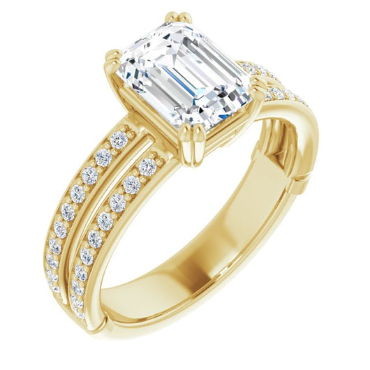 14K Yellow Gold Customizable Emerald/Radiant Cut Design featuring Split Band with Accents