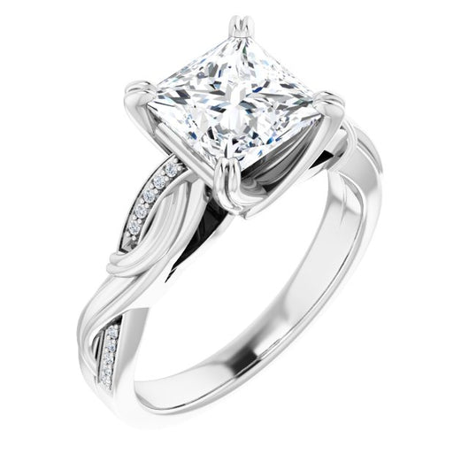 10K White Gold Customizable Cathedral-raised Princess/Square Cut Design featuring Rope-Braided Half-Pavé Band