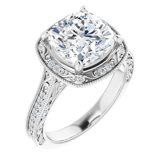 10K White Gold Customizable Vintage Artisan Cushion Cut Design with 3-Sided Filigree and Side Inlay Accent Enhancements