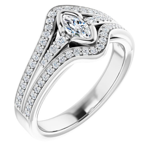 10K White Gold Customizable Cathedral-Bezel Marquise Cut Design with Wide Triple-Split-Pavé Band