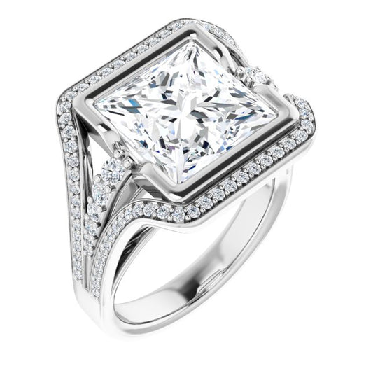 10K White Gold Customizable Cathedral-Bezel Princess/Square Cut Design with Wide Triple-Split-Pavé Band