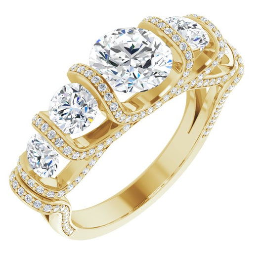 10K Yellow Gold Customizable Bar-set Round Cut 5-stone Design Plus Grandiose Pavé Accents