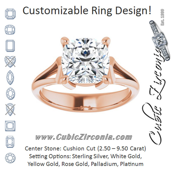 Cubic Zirconia Engagement Ring- The Frankie (Customizable Cathedral-Raised Cushion Cut Solitaire with Angular Chevron Split Band)