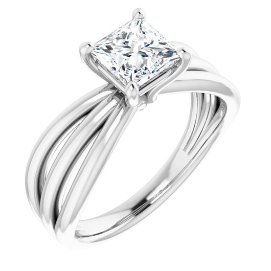 10K White Gold Customizable Princess/Square Cut Solitaire Design with Wide, Ribboned Split-band