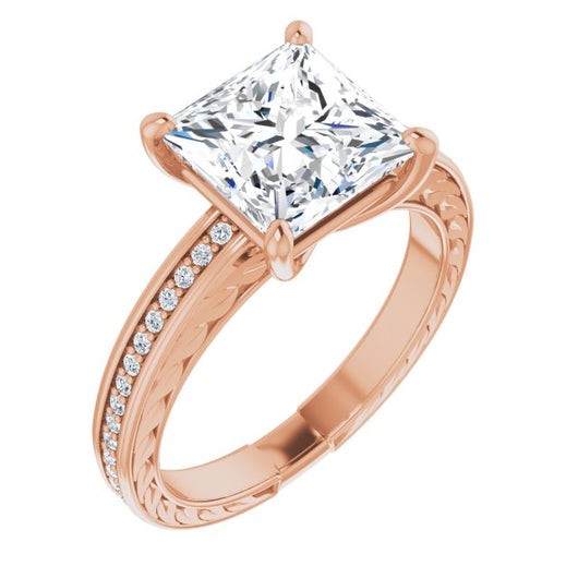 10K Rose Gold Customizable Princess/Square Cut Design with Rope-Filigree Hammered Inlay & Round Channel Accents