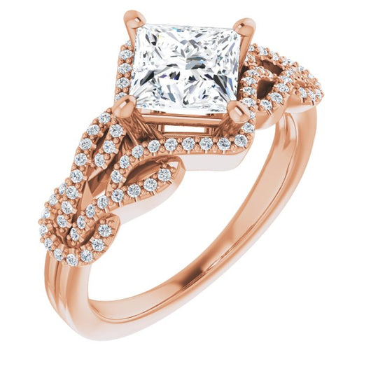 10K Rose Gold Customizable Princess/Square Cut Design with Intricate Over-Under-Around Pavé Accented Band