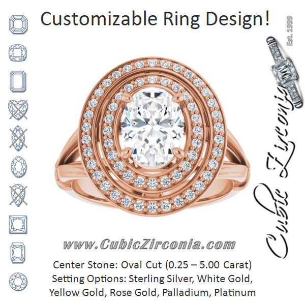 Cubic Zirconia Engagement Ring- The Cheryl (Customizable Cathedral-set Oval Cut Design with Double Halo, Wide Split Band and Side Knuckle Accents)