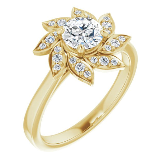 10K Yellow Gold Customizable Round Cut Design with Artisan Floral Halo