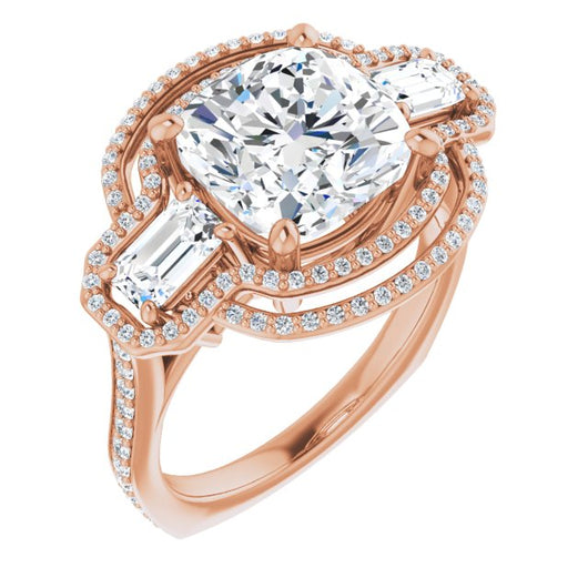 10K Rose Gold Customizable Enhanced 3-stone Style with Cushion Cut Center, Emerald Cut Accents, Double Halo and Thin Shared Prong Band