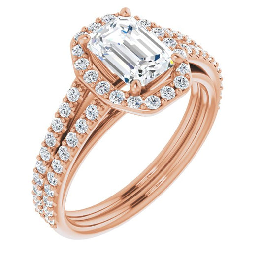 10K Rose Gold Customizable Cathedral Emerald/Radiant Cut Design with Geometric Halo & Split Pavé Band