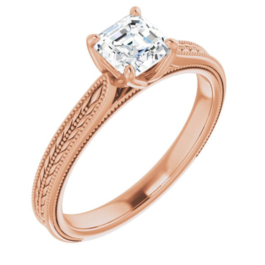 10K Rose Gold Customizable Asscher Cut Solitaire with Wheat-inspired Band 