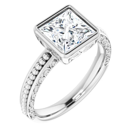 10K White Gold Customizable Bezel-set Princess/Square Cut Solitaire with Beaded and Carved Three-sided Band