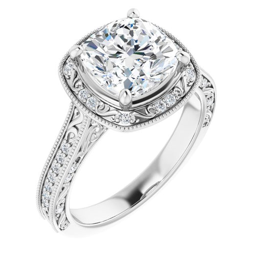 10K White Gold Customizable Vintage Artisan Cushion Cut Design with 3-Sided Filigree and Side Inlay Accent Enhancements