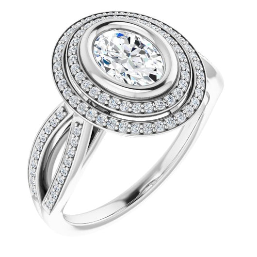 10K White Gold Customizable Bezel-set Oval Cut Style with Double Halo and Split Shared Prong Band