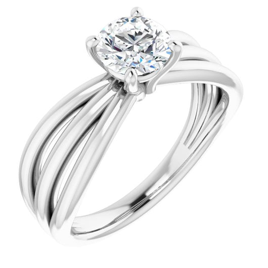 10K White Gold Customizable Round Cut Solitaire Design with Wide, Ribboned Split-band