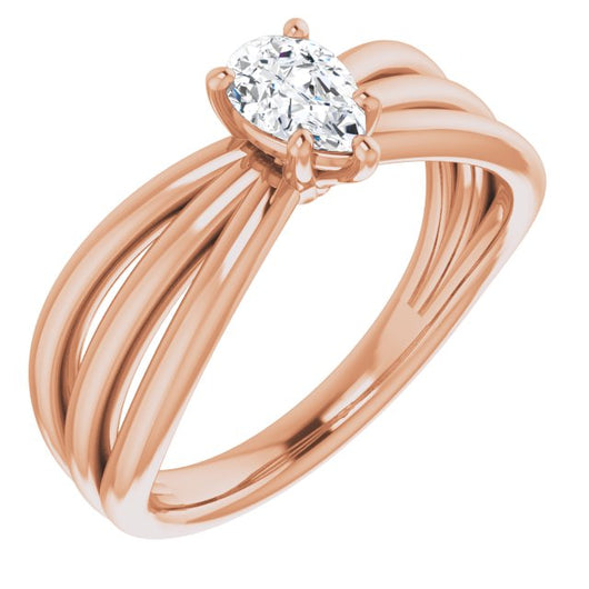 10K Rose Gold Customizable Pear Cut Solitaire Design with Wide, Ribboned Split-band