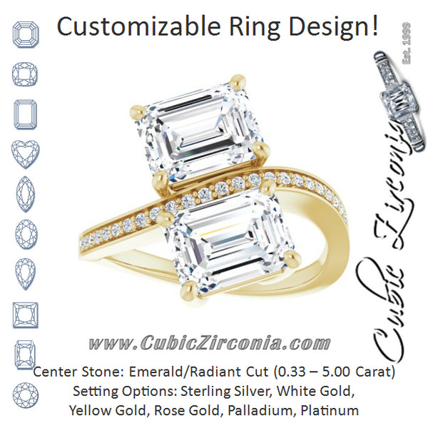 Cubic Zirconia Engagement Ring- The Ellie (Customizable 2-stone Emerald Cut Bypass Design with Thin Twisting Shared Prong Band)