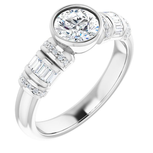 10K White Gold Customizable Bezel-set Round Cut Setting with Wide Sleeve-Accented Band