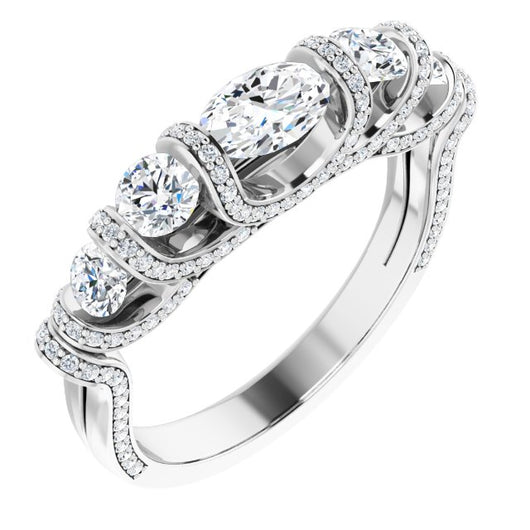 10K White Gold Customizable Bar-set Oval Cut 5-stone Design Plus Grandiose Pavé Accents