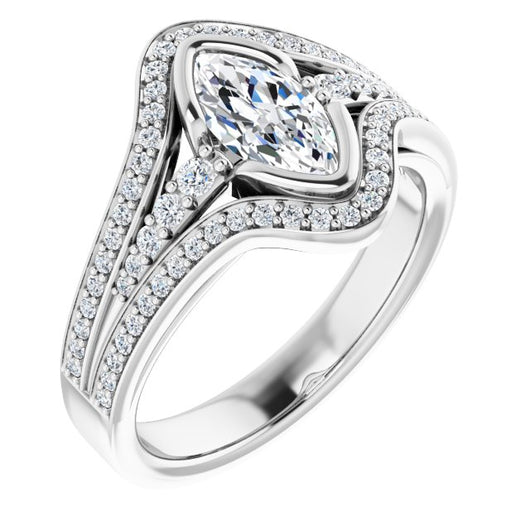 10K White Gold Customizable Cathedral-Bezel Marquise Cut Design with Wide Triple-Split-Pavé Band