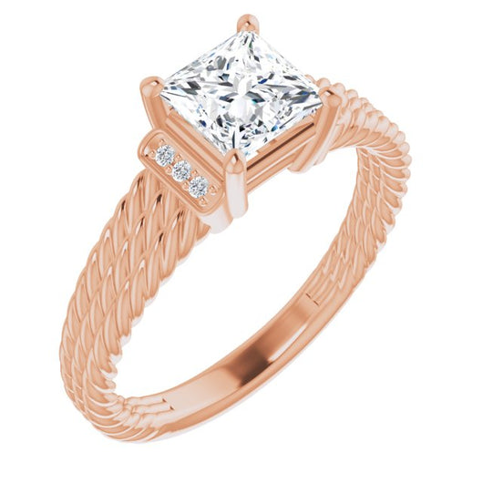 10K Rose Gold Customizable 11-stone Design featuring Princess/Square Cut Center, Vertical Round-Channel Accents & Wide Triple-Rope Band