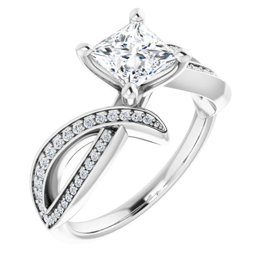 10K White Gold Customizable Princess/Square Cut Design with Swooping Pavé Bypass Band