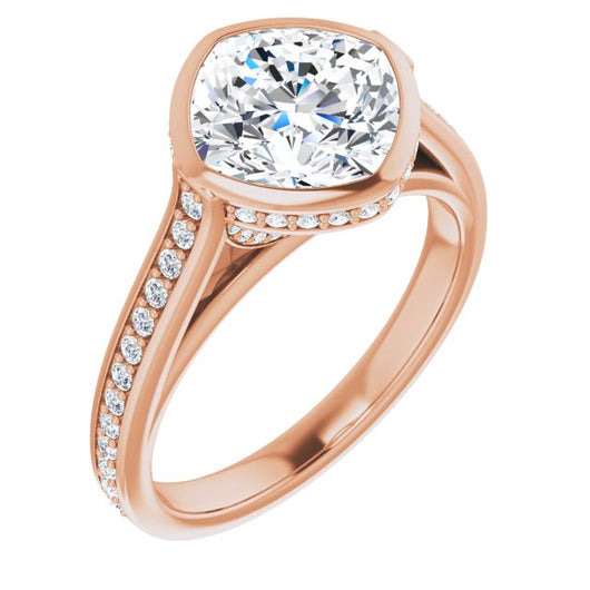 10K Rose Gold Customizable Cathedral-Bezel Cushion Cut Design with Under Halo and Shared Prong Band