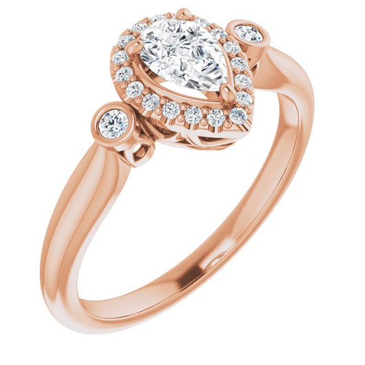 10K Rose Gold Customizable Pear Cut Style with Halo and Twin Round Bezel Accents