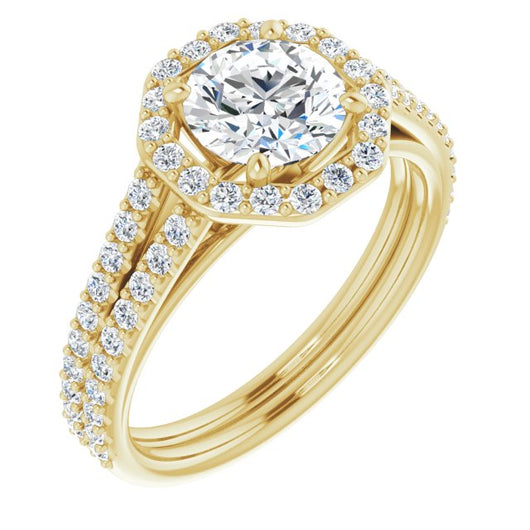 10K Yellow Gold Customizable Cathedral Round Cut Design with Geometric Halo & Split Pavé Band