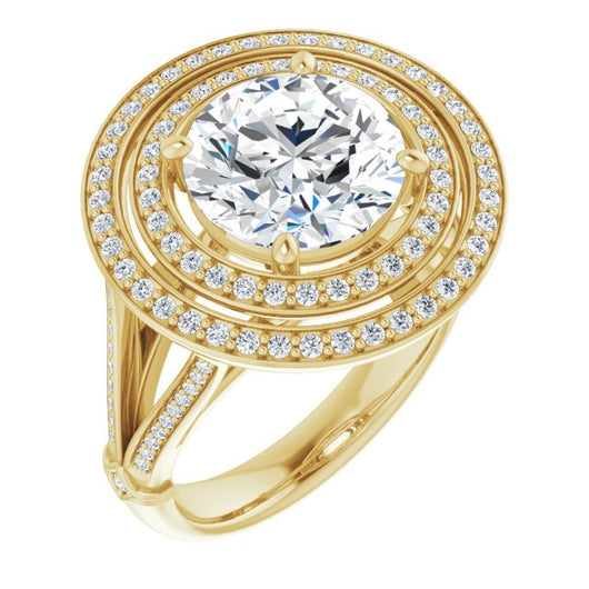 10K Yellow Gold Customizable Cathedral-set Round Cut Design with Double Halo, Wide Split-Shared Prong Band and Side Knuckle Accents