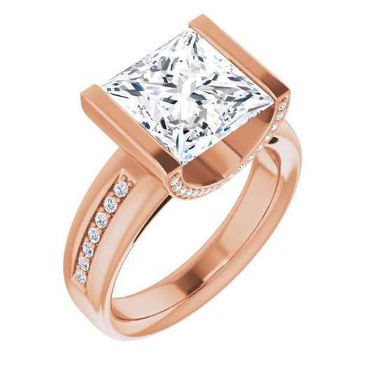 10K Rose Gold Customizable Cathedral-Bar Princess/Square Cut Design featuring Shared Prong Band and Prong Accents