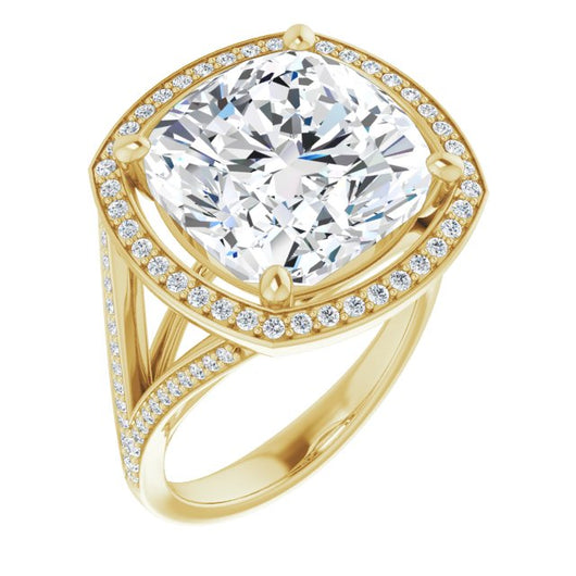 10K Yellow Gold Customizable Cathedral-Halo Cushion Cut Style featuring Split-Shared Prong Band