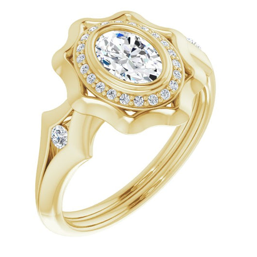 10K Yellow Gold Customizable Bezel-set Oval Cut with Halo & Oversized Floral Design