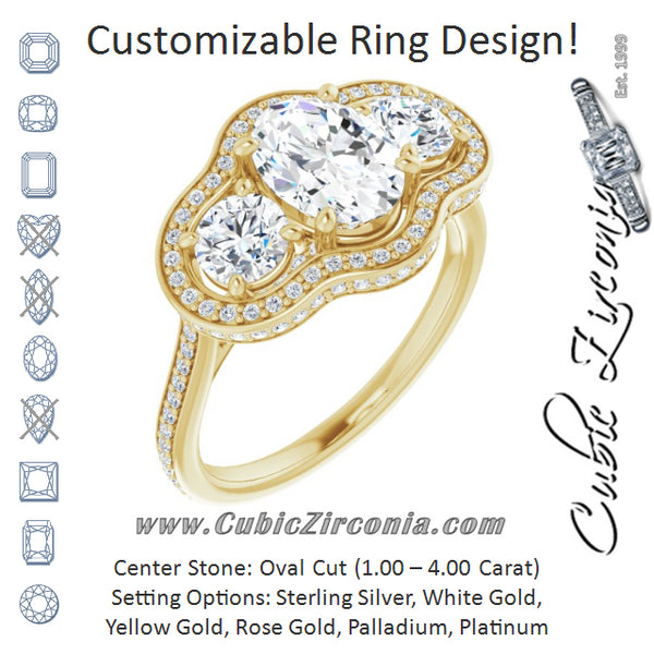 Cubic Zirconia Engagement Ring- The Iekika (Customizable 3-stone Oval Cut Design with Multi-Halo Enhancement and 150+-stone Pavé Band)