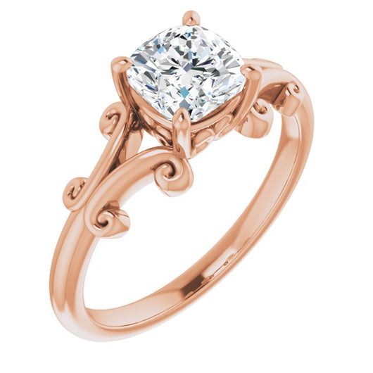 10K Rose Gold Customizable Cushion Cut Solitaire with Band Flourish and Decorative Trellis