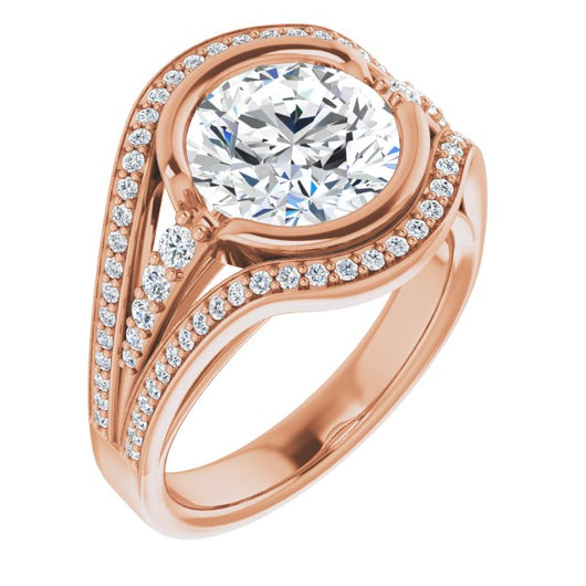 10K Rose Gold Customizable Cathedral-Bezel Round Cut Design with Wide Triple-Split-Pavé Band