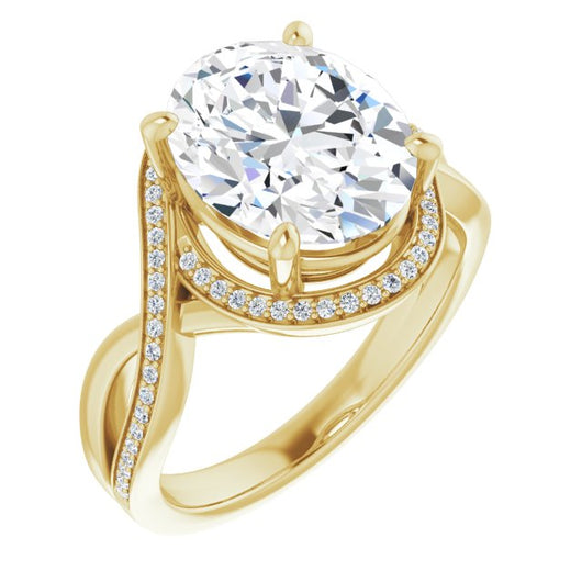 10K Yellow Gold Customizable Bypass-Halo-Accented Oval Cut Center with Twisting Split Shared Prong Band