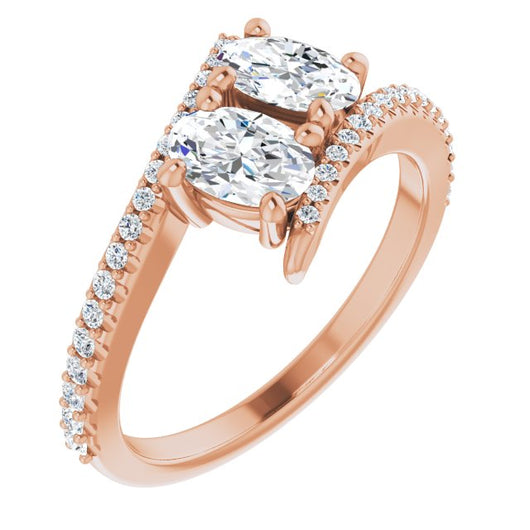 10K Rose Gold Customizable Double Oval Cut 2-stone Design with Ultra-thin Bypass Band and Pavé Enhancement