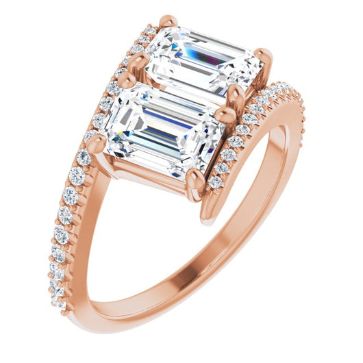 10K Rose Gold Customizable Double Emerald/Radiant Cut 2-stone Design with Ultra-thin Bypass Band and Pavé Enhancement