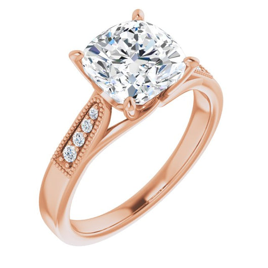 10K Rose Gold Customizable 9-stone Vintage Design with Cushion Cut Center and Round Band Accents