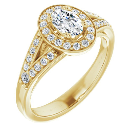 10K Yellow Gold Customizable Cathedral-set Oval Cut Style with Accented Split Band and Halo