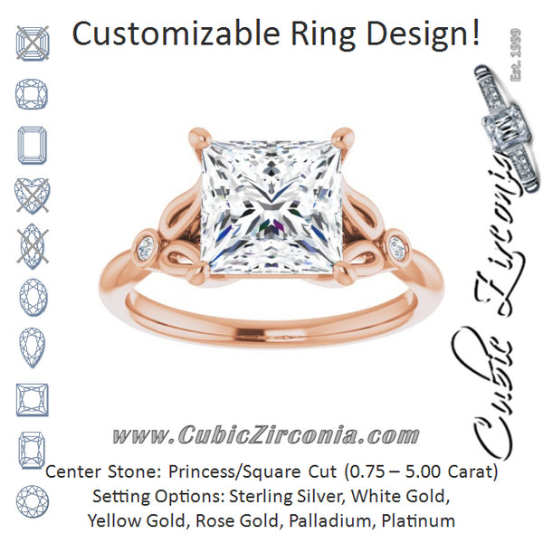 Cubic Zirconia Engagement Ring- The Dayanny (Customizable 3-stone Princess/Square Cut Design with Thin Band and Twin Round Bezel Side Stones)