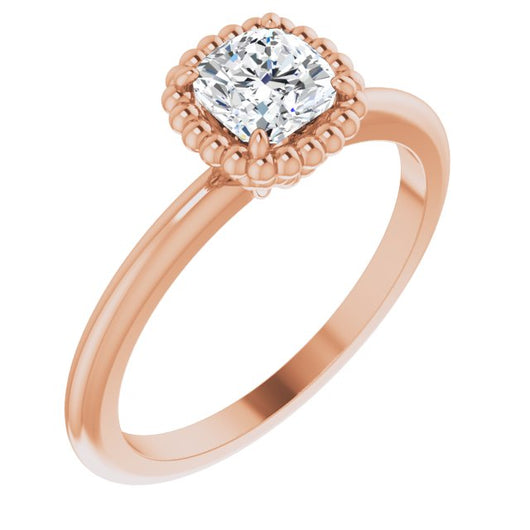 10K Rose Gold Customizable Cushion Cut Solitaire with Beaded Metallic Milgrain